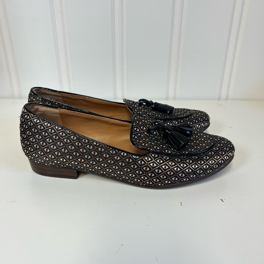 J. Crew Black and Gold Geometric Loafers Size 6 Holiday Formal Casual - Picture 8 of 8